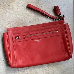 Coach Red Orange Leather Clutch/Wristlet with Silver Accents